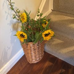 Wicker Stair Basket with Handle with Free Tall Glass vase and sunflowers if still in good condition- see all photos - as new