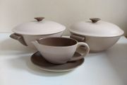 Pair of Vintage Poole Pottery Twintone Lidded Serving Dishes and a Matching Gravy Boat and Underplate, All in Colourway C54, Sepia and Mushroom and in the Older Streamline Shape, circa 1952-55