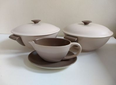 Pair of Vintage Poole Pottery Twintone Lidded Serving Dishes and a Matching Gravy Boat and Underplate, All in Colourway C54, Sepia and Mushroom and in the Older Streamline Shape, circa 1952-55
