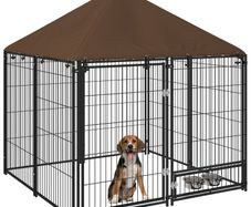 Outdoor Dog Kennel Puppy Play Pen with Canopy Garden Playpen Fence Crate Enclosure Cage Rotating Bowl 141 x 141 x 151 cm