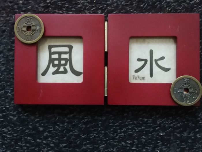Feng Shui, Red Hinged Double Picture Frame with Chinese Coins