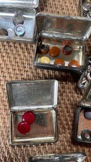 vintage George & Co. Press Button Tins with contents