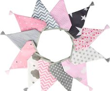 FREE P&P Fabric Bunting Banner with Tassel, 3.3M Double Sided Cotton Tassel Banner with 12 Pink Triangle Pennants, Vintage Cloth Garlands for Nursery Bedroom Playhouse Decoration