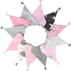 FREE P&P Fabric Bunting Banner with Tassel, 3.3M Double Sided Cotton Tassel Banner with 12 Pink Triangle Pennants, Vintage Cloth Garlands for Nursery Bedroom Playhouse Decoration