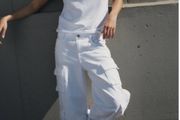 SALE Fab Zara Mid Rise White Multi Pocket Wide Leg Cargo Trousers  Size 42 UK 14