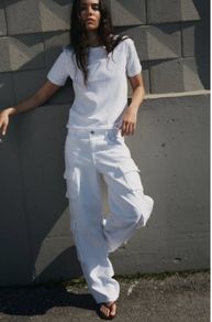 SALE Fab Zara Mid Rise White Multi Pocket Wide Leg Cargo Trousers  Size 42 UK 14