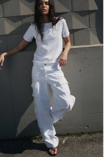 SALE Fab Zara Mid Rise White Multi Pocket Wide Leg Cargo Trousers  Size 42 UK 14