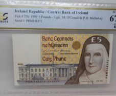 Ireland 1999 5 Pound Banknote Note 15/10/99 Pcgs Superb Gem Unc 67ppq Pop 2/0 !
