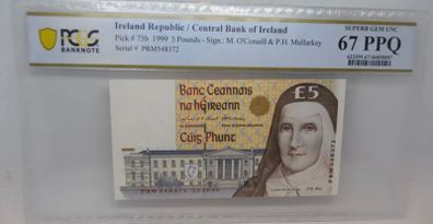 Ireland 1999 5 Pound Banknote Note 15/10/99 Pcgs Superb Gem Unc 67ppq Pop 2/0 !