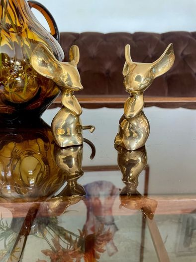 Two Vintage Stylised Big Eared Brass Mouse Figurines Brass Mice Ornaments 1970s
