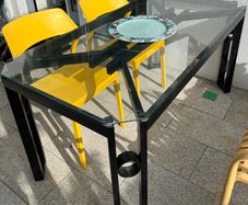 Alfrank metal and glazed dining table, black steel with safety glass tabletop