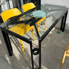Alfrank metal and glazed dining table, black steel with safety glass tabletop