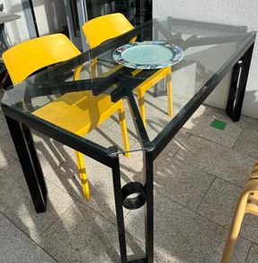 Alfrank metal and glazed dining table, black steel with safety glass tabletop