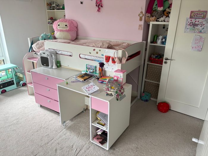Pink and White Mid Sleeper Bed with Desk, Drawers & Storage