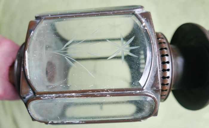 Vintage Pair of Brass Carriage Lamps, by Lime House Lamp Company, pierced canopies, bevelled etched glass chambers, 22" long