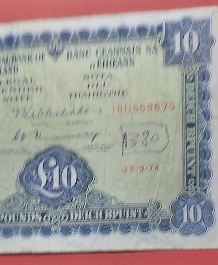 Irish 1974 Lavery Ten pound  banknote in  fine condition