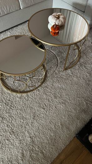 Round Coffee Tables Set of 2, Gold Nesting Tables with Mirror Top