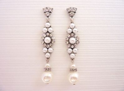 Pearl Crystal Drop Dangle Silver Earrings