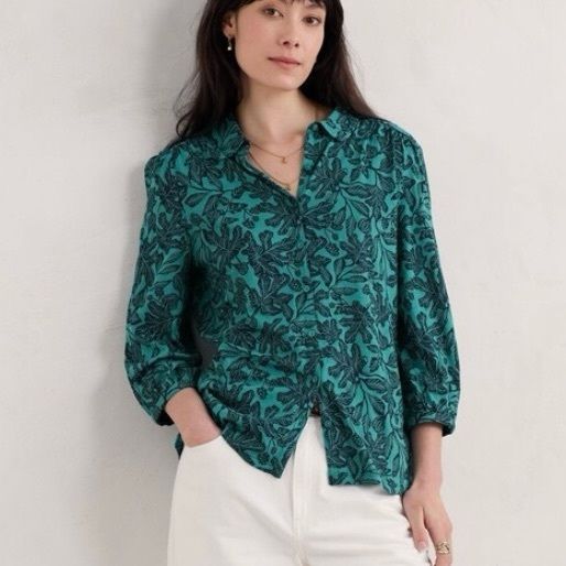 Seasalt Cornwall Teal Blue Leaf Print Blouse Shirt Size 18