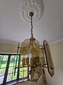 Vintage 1970s Brass & Smoked Glass Starburst Chandelier (MCM / Retro)