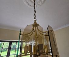 Vintage 1970s Brass & Smoked Glass Starburst Chandelier (MCM / Retro)