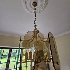 Vintage 1970s Brass & Smoked Glass Starburst Chandelier (MCM / Retro)
