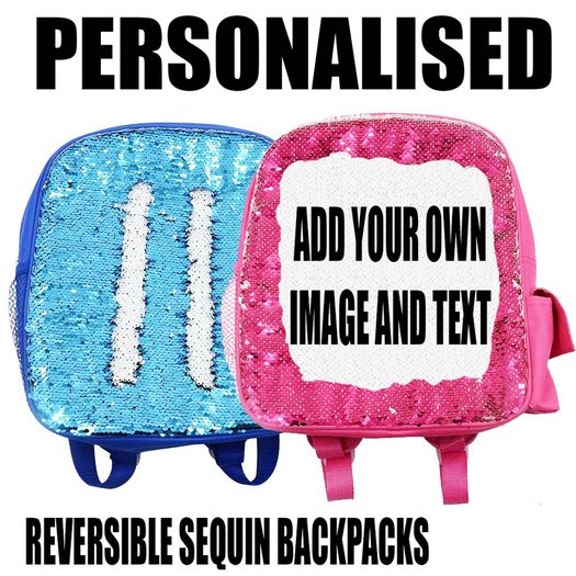Personalised Kids Sequin Backpack Rucksack with your photo image back to school stationery