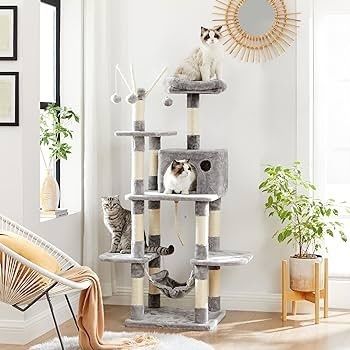 Cat Tree, Cat Condo with Hammock, Perch, Cat Tower, Light Grey