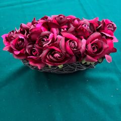 Free Artificial Red Roses in a Basket. 28 cm (w) x 17 cm H