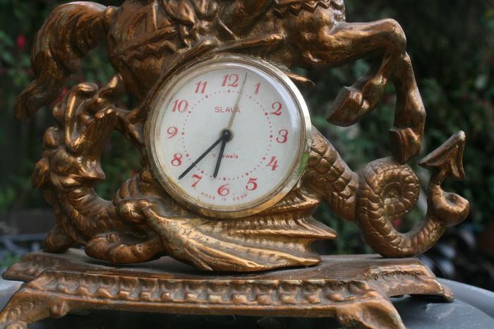Vintage Brass Table Clock Knight on Horseback and Dragon, Saint George and Dragon, Mechanical  Clock SLAVA 11 JEWELS,  Working