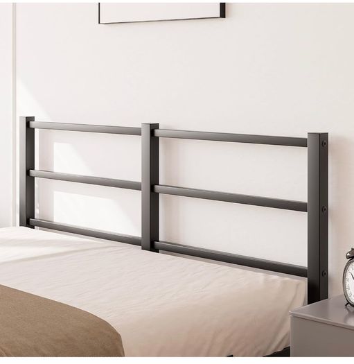 16cm Low Profile Double Bed Frame with Headboard, 4ft6 Metal Sturdy Steel Slat Support, Noise-Free 135x190cm Platform Mattress Base, No Box Spring Needed, Black