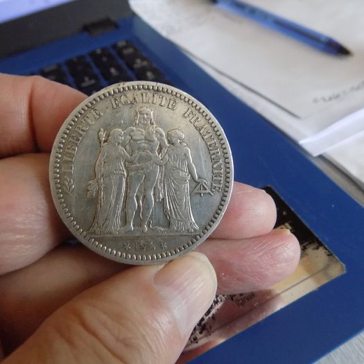 France 1873 A. Silver 5 francs."Hercules"Type.90%silver.