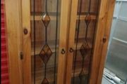 Solid Pine Display Cabinet / Bookcase with Leaded Glass Doors