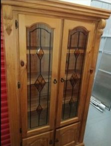 Solid Pine Display Cabinet / Bookcase with Leaded Glass Doors