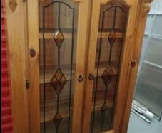 Solid Pine Display Cabinet / Bookcase with Leaded Glass Doors