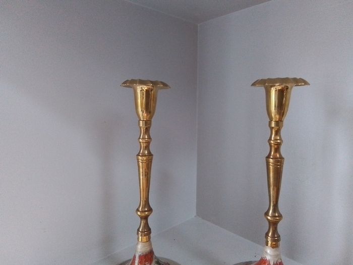 Two Brass & Enamel Candlesticks