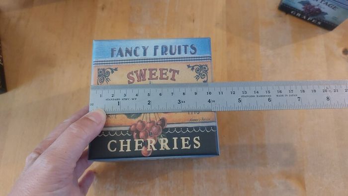Fabulous Set of Four Graduated Stackable Nesting Storage Boxes by Quality Manufacturer Bob's Boxes/Lang Paper Co. with "Fancy Fruits" Artwork by Kimberly Poloson