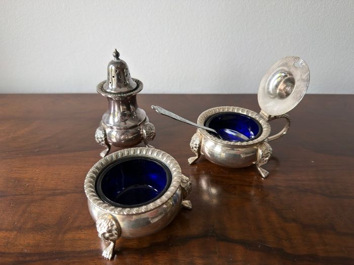 Vintage 3-Piece Cruet Set with Cobalt Blue Glass
