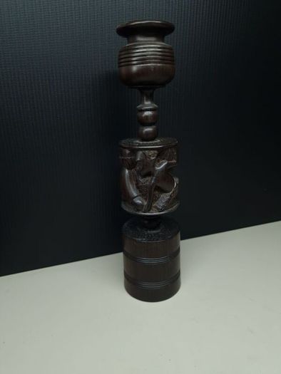 Heavy African Carved Wooden Candle Holder / Decorative Stand 25.5cm