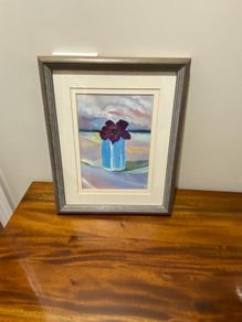 Artist Bridgette Grothe Neumann water colour painting of a flower in purple and blue hues. BRAND NEW.