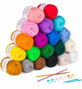 20 x 30g Balls of Assorted Double Knitting Yarn, Colored Acrylic Yarn Set with 2 Crochet Hooks, 2 Needles, 8 Crochet