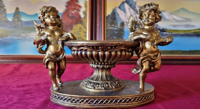 Antique Cherub Gold Effect Ornamental Pedestal Metal Candle Holder Pedestal Stand Made In Spain