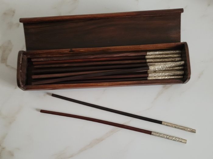 Vintage mother of pearl inlaid chopsticks box set