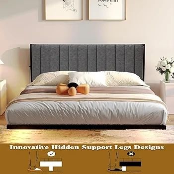 Double Bed Frame with Upholstered Headboard, 4ft6 Floating Bed Frame with Charging Station and LED Light, Metal Slats Support, No Box Spring Needed,Gray Double Bed