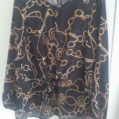 ladies chain effetc  tie front print  blouse