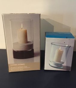 Large Glass Candle Holders, Storm Lanterns  with rustic Storage Basket