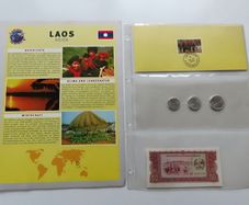 Laos Banknote + Coins + Stamp collector set vintage currency