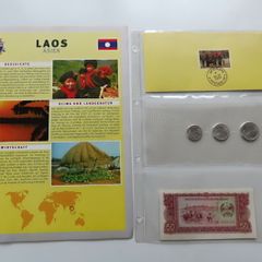 Laos Banknote + Coins + Stamp collector set vintage currency