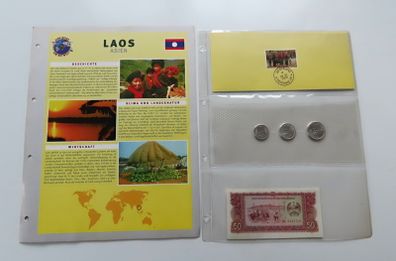 Laos Banknote + Coins + Stamp collector set vintage currency