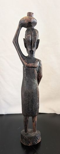 African Wooden Figures Pair Warrior Spear Water Carrier Hand Carved